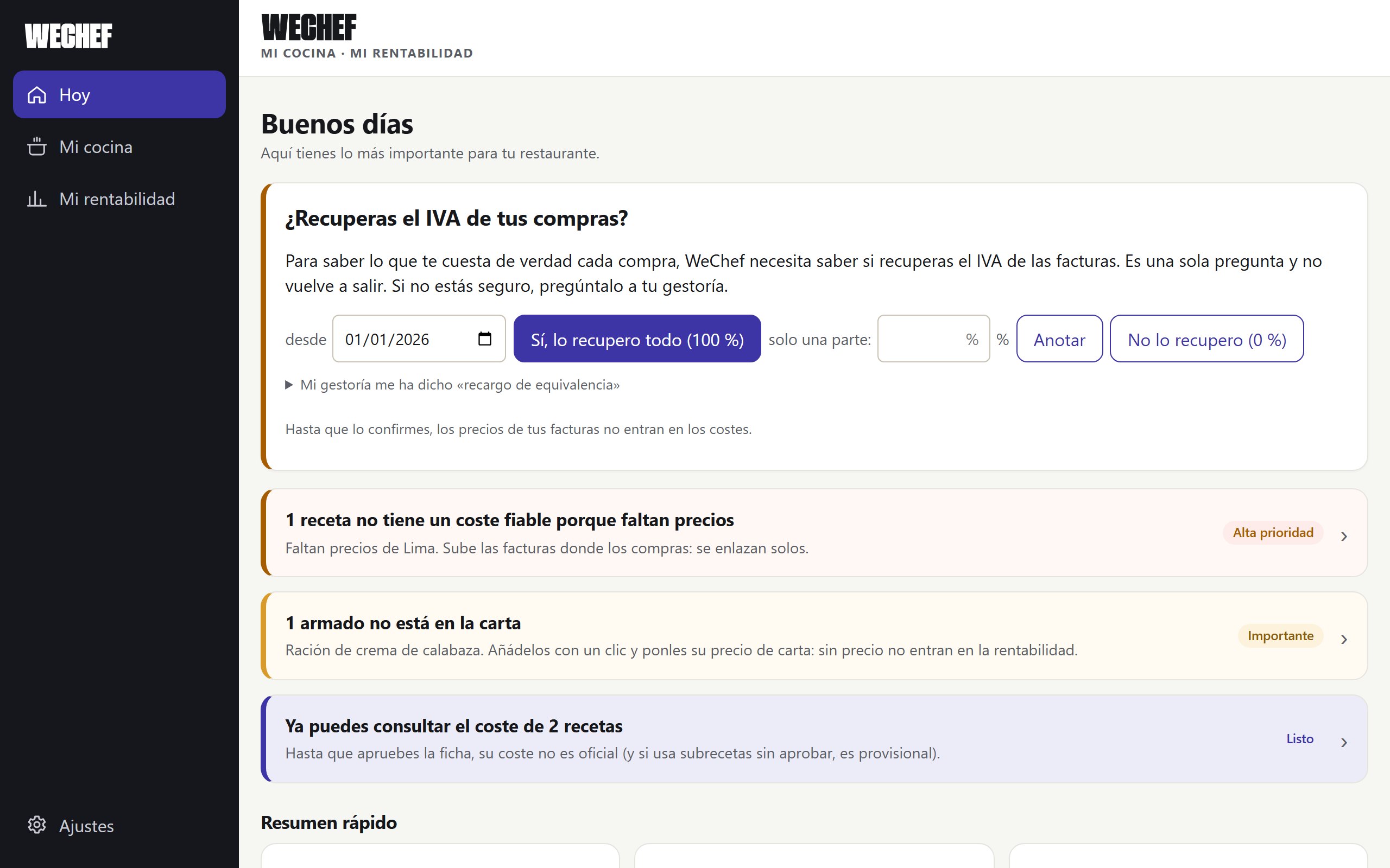 Pantalla Hoy de WeChef con las tareas pendientes del restaurante: confirmar el IVA, precios que faltan y platos sin precio de carta.