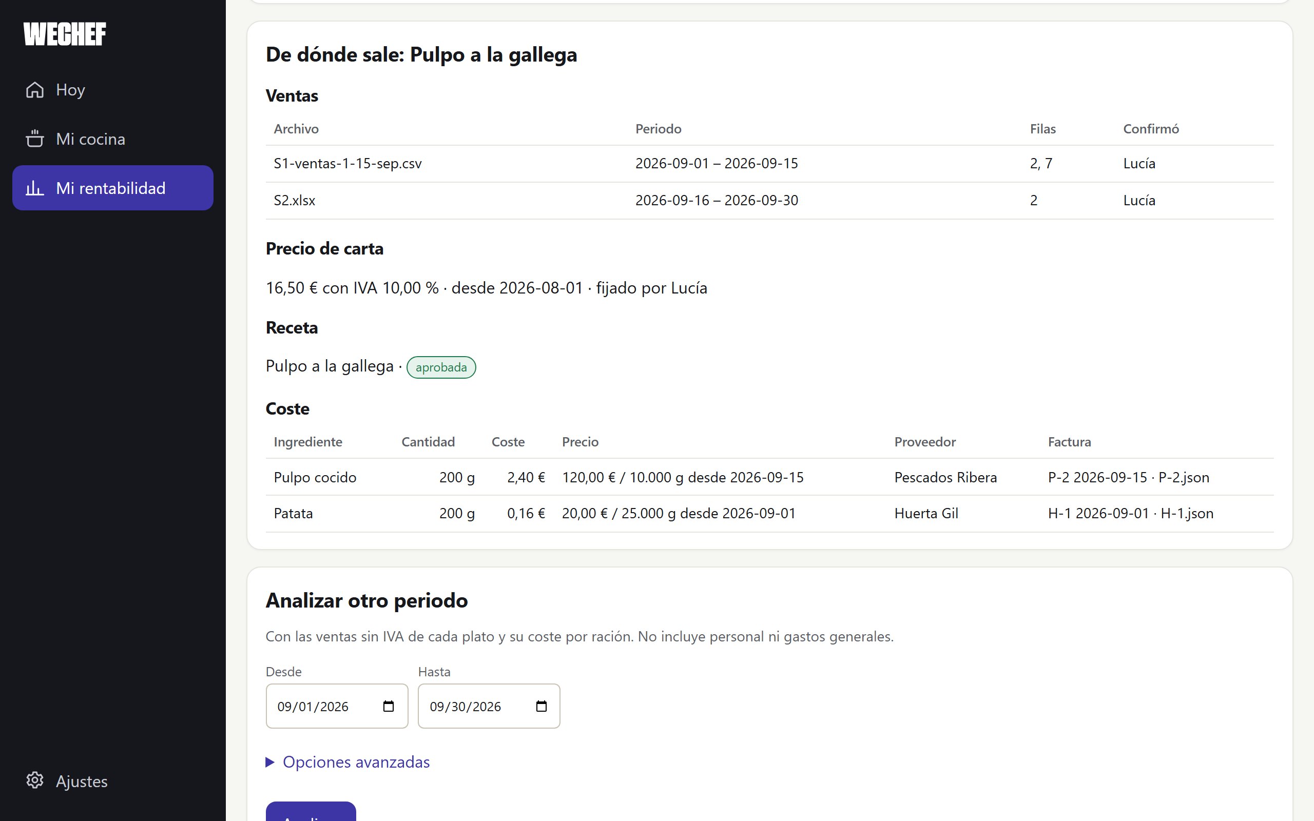 Detalle de dónde sale el coste del Pulpo a la gallega: ventas del periodo, precio de carta, receta aprobada y cada ingrediente con su proveedor y su factura.